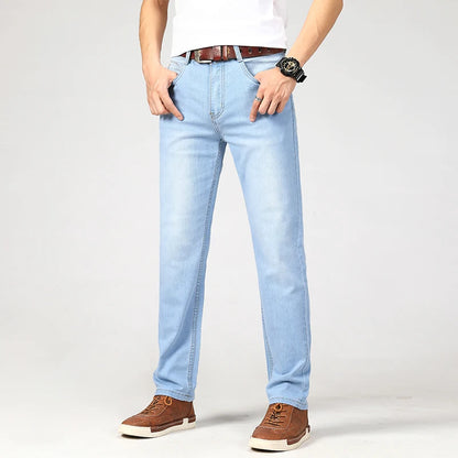 New Summer Business Men's Jeans Casual Straight Stretch Fashion Classic sky Blue  Work Denim Trousers Male Brand Clothing