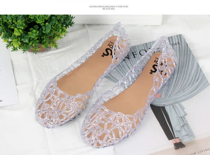 Summer women sandals flat-soled crystal clogs hollow flat-soled slip-ons shallow mouth Roman jelly shoes beach sandals