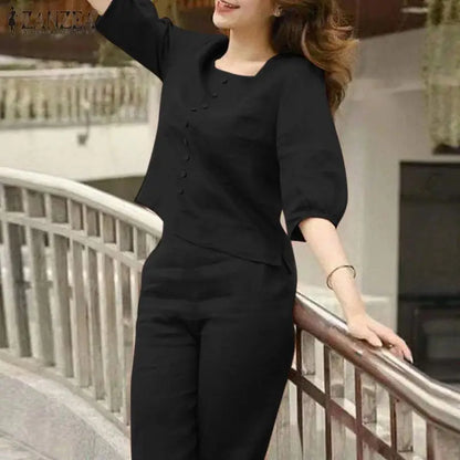 ZANZEA Elegant Summer Matching Sets Women Fashion Puff Sleeve Pant Sets 2PCS Solid OL Work Trousers Suits Tracksuit 2023