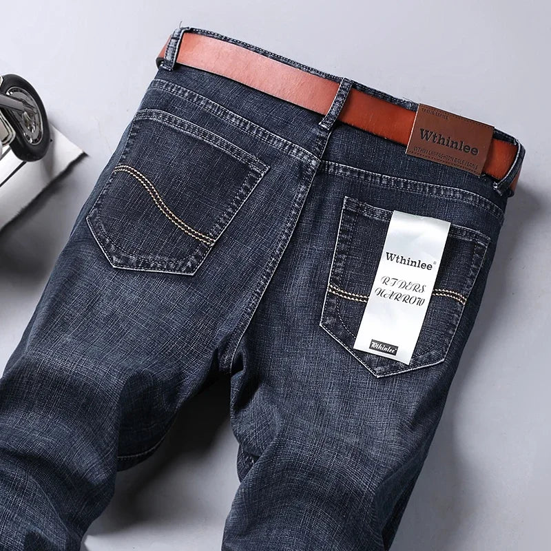 2025 Fashion Four Seasons Classic Blue Black Work Denim Trousers  Men's Jeans Casual Straight Stretch Male Brand Clothing