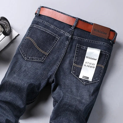 2025 Fashion Four Seasons Classic Blue Black Work Denim Trousers  Men's Jeans Casual Straight Stretch Male Brand Clothing