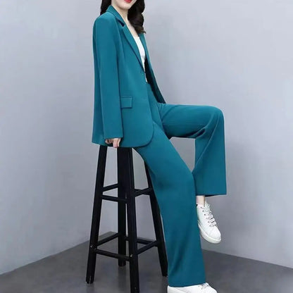 Women Formal Two-piece Set Breathable Two-piece Set Formal Business Style Women's Coat Pants Suit Set with Lapel Button for Work