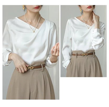 Satin Women's Shirts New Silk Solid Casual Blouses Loose Spring/Summer Ladies Clothing FASHION Long Sleeves White Tops
