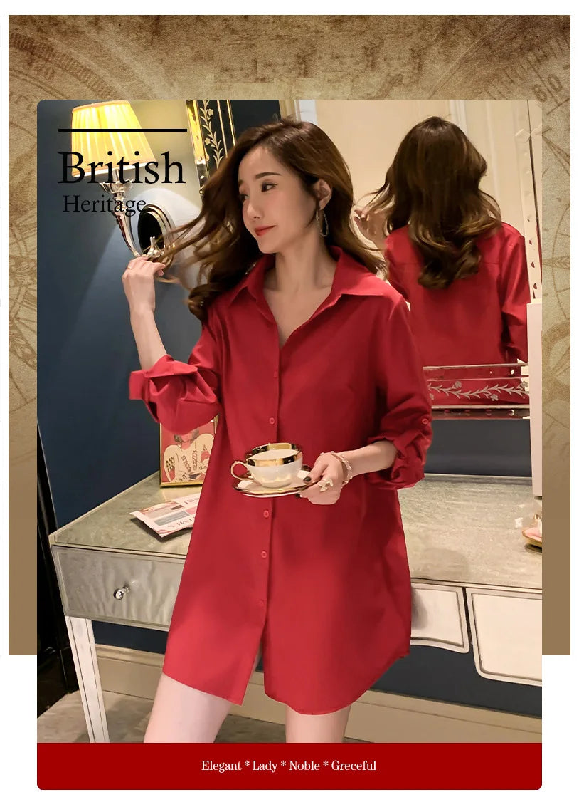 Mid-Length White Shirt Women BF Sexy Shirt Pajamas Female Skirt Ladies Tops Loose 2023 Autumn Clothing Women Shirts and Blouses
