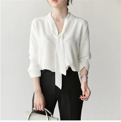 Pullover Blouse Summer Shirts for Women Korean Fashion Office Blouses blusas Autumn Long Sleeve Tie Bow Chiffon Formal Shirts