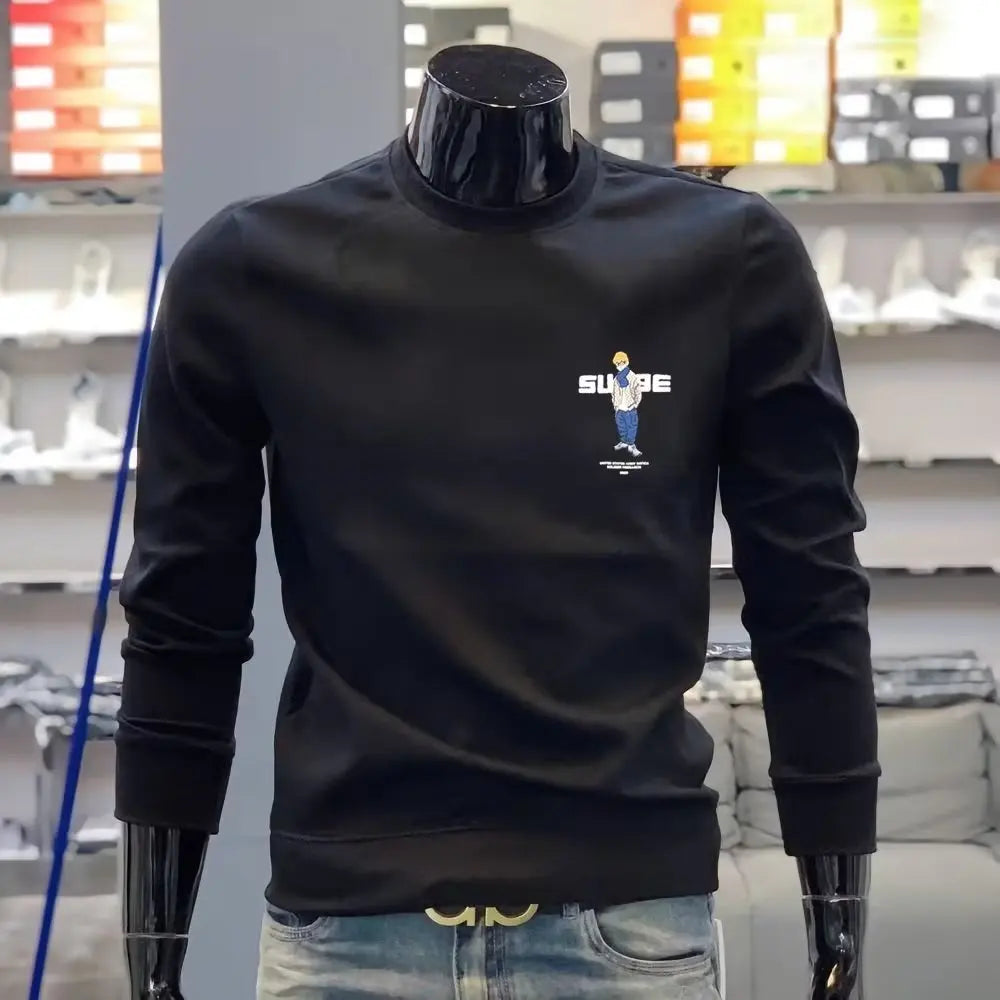 Autumn Men's Cotton Sweatshirt Japan Men Print Long Sleeve T Shirts High Quality Black Top O-neck Tee Shirt Men Clothing 2023