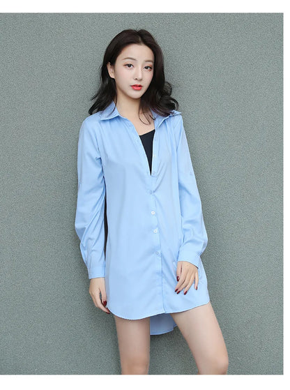 Mid-Length White Shirt Women BF Sexy Shirt Pajamas Female Skirt Ladies Tops Loose 2023 Autumn Clothing Women Shirts and Blouses