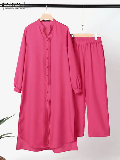 ZANZEA Retro Long Straight Pant Suit Women Solid 2PCS Pant Sets Fashion Long Shirt Tracksuit Casual Buttons Autumn 2023 Outfits