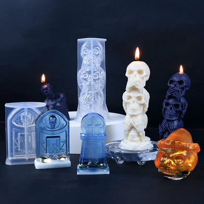 Halloween Ornament Candle Silicone Mold  DIY Handmade Epoxy Resin Pumpkin Tombstone Triple Skulls Wax Craft Molds Party Supplies