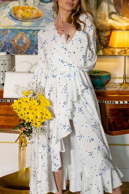 Women Intellectuality Elegant Vintage Summer Bandage White Chiffon Blue Polka Dot Long Slit Boho Beach Maxi Dresses Long Sleeve