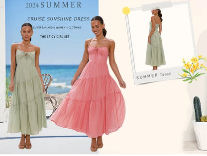 European And American Women's New Spliced Suspender Long Backless Tie Big Swing Dress With Lining