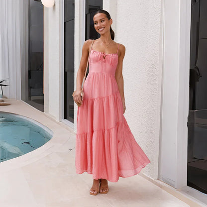 European And American Women's New Spliced Suspender Long Backless Tie Big Swing Dress With Lining