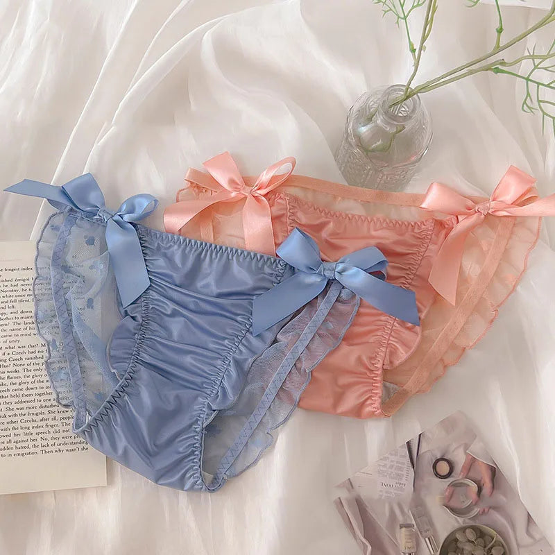 Women Sexy Satin Lace Mesh Transparent Bow Underwear Cute Lovely Sweety Princess Style Soft Panties Ruffles Breathable Breifs