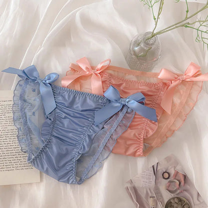 Women Sexy Satin Lace Mesh Transparent Bow Underwear Cute Lovely Sweety Princess Style Soft Panties Ruffles Breathable Breifs