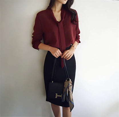Pullover Blouse Summer Shirts for Women Korean Fashion Office Blouses blusas Autumn Long Sleeve Tie Bow Chiffon Formal Shirts