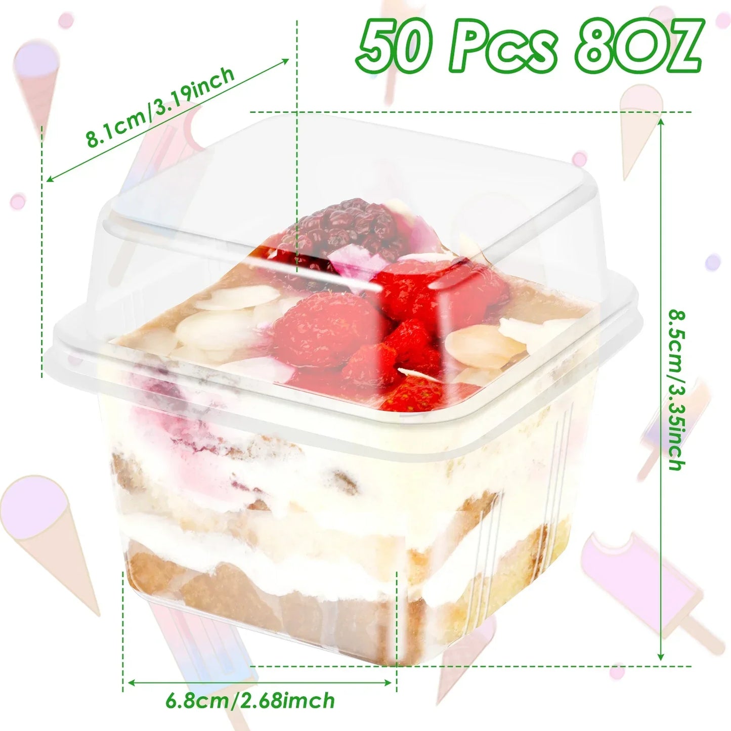 100Pcs Disposable Dessert Cups with Lids 8oz Reusable Cupcake Container Clear Square Single Dessert Box Sealed Cake Storage Box