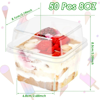 100Pcs Disposable Dessert Cups with Lids 8oz Reusable Cupcake Container Clear Square Single Dessert Box Sealed Cake Storage Box