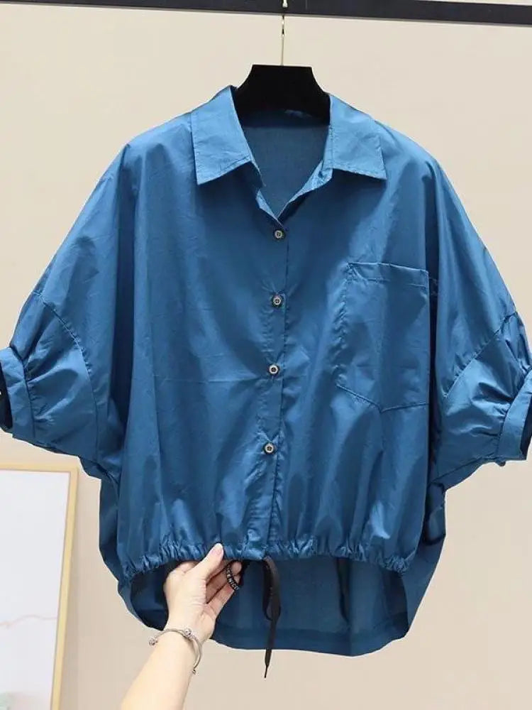 Summer New Bat Sleeve Pockets Shirt Women Loose Casual Short Sleeve Blouse Solid Lace Up Tops Half Shirts Lady High Street Trend