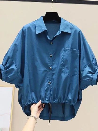 Summer New Bat Sleeve Pockets Shirt Women Loose Casual Short Sleeve Blouse Solid Lace Up Tops Half Shirts Lady High Street Trend