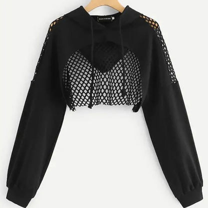 Women's Hoodies Sweatshirt Ultra Short Mesh Splice pullover Sweatshirts Gothic Women Long Sleeve Lumbar Sexy Top Street Wear