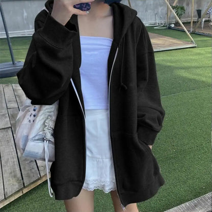 Women's Sweatshirt Zipper Hoodie High Street Double Pockets Oversize Loose Sweatshirts Outerwear Top Korean Fashion Sweatshirts