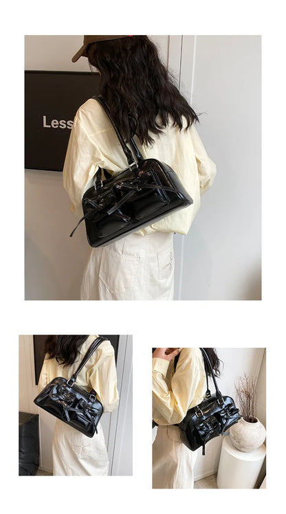 Xiuya Silver Pleated Womens Shoulder Bag Elegant Gentle Korean Fashion Leather Handbag Bow Sweet New Simple Ladies Boston Bag