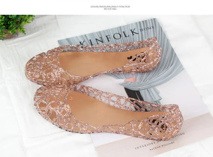 Summer women sandals flat-soled crystal clogs hollow flat-soled slip-ons shallow mouth Roman jelly shoes beach sandals