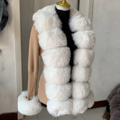 Women Faux Fur Knit Sweater cardigan Spring Autumn elegant Knitted sweater with faux fox fur collar Ladies Fashion Coat fur coat