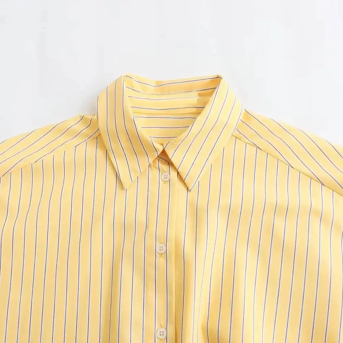 TRAF 2024 Spring New Product Women's Casual Loose Lapel Long sleeved Yellow Striped Poplin Single breasted Shirt