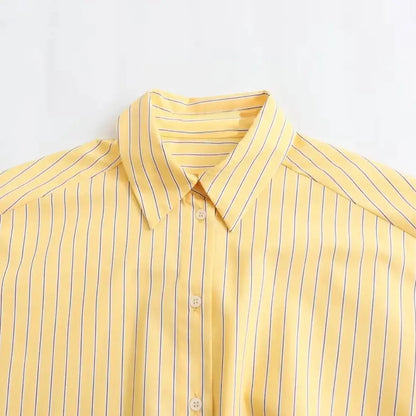 TRAF 2024 Spring New Product Women's Casual Loose Lapel Long sleeved Yellow Striped Poplin Single breasted Shirt