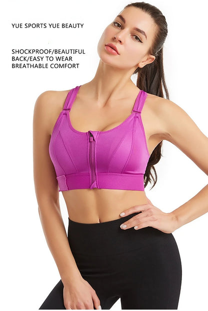 Women Sports Bras Tights Crop Top Yoga Vest Front Zipper Plus Size Adjustable Strap Shockproof Gym Fitness Athletic Brassiere