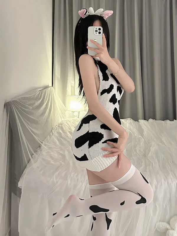 Sexy Underwear Cow Sweater Buttocks Mature Charm Elegant New Backless Suspender High-neck Sweater Knitted Suit Sexy Dress X57Y
