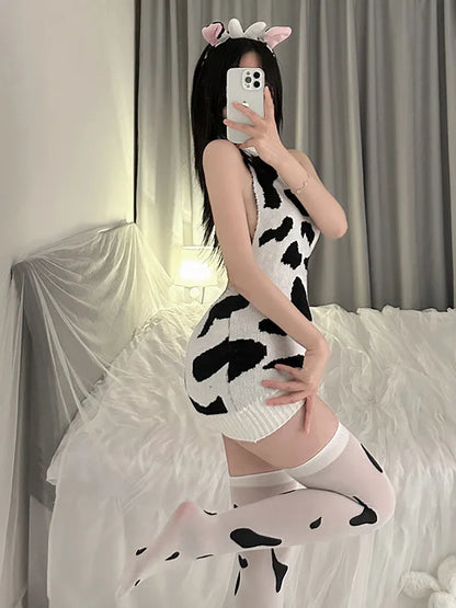 Sexy Underwear Cow Sweater Buttocks Mature Charm Elegant New Backless Suspender High-neck Sweater Knitted Suit Sexy Dress X57Y