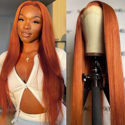 Ginger Orange Color Long Straight Hair 13*4 Lace Front Wigs Copper Red Hair Glueless Pre Plucked Synthetic Lace Front Wigs