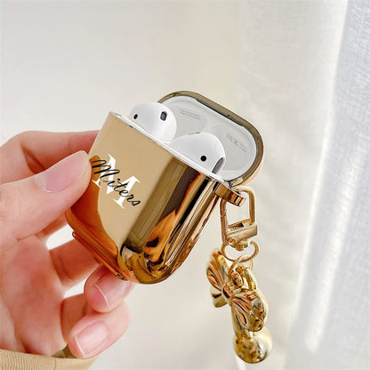 Luxury Gold Plating Earphone Case For Airpods 2 Pro Personalized Letters Logo Customized With Bow Keychain Soft Protective Cover