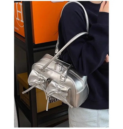Xiuya Silver Pleated Womens Shoulder Bag Elegant Gentle Korean Fashion Leather Handbag Bow Sweet New Simple Ladies Boston Bag