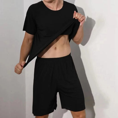 Men's Two-Piece Ice Silk Pajamas Men's Summer Thin Modal Short-Sleeved Pajamas Homewear Men's Large Size Pajamas Homewear Set