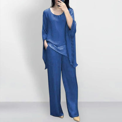 Fashionable Women Suit Stylish Women's Casual Suit with Wide Leg Pants Batwing Sleeve Top for Home Office Party Outfits Wide-leg