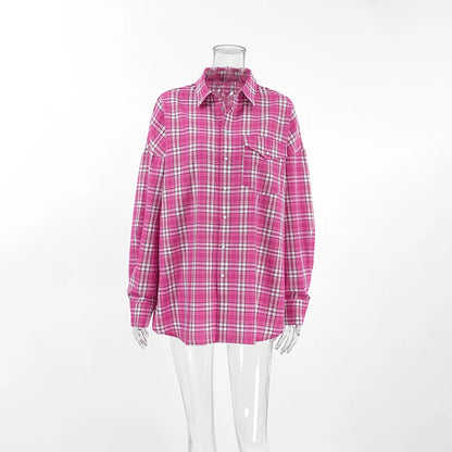 Mnealways18 Pink Brightly Plaid Shirts For Women Spring Summer 2024 Long Sleeves Classic Lapel Blouses And Tops Oversize Checked