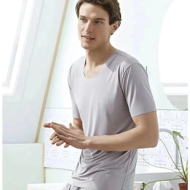 Men's Two-Piece Ice Silk Pajamas Men's Summer Thin Modal Short-Sleeved Pajamas Homewear Men's Large Size Pajamas Homewear Set