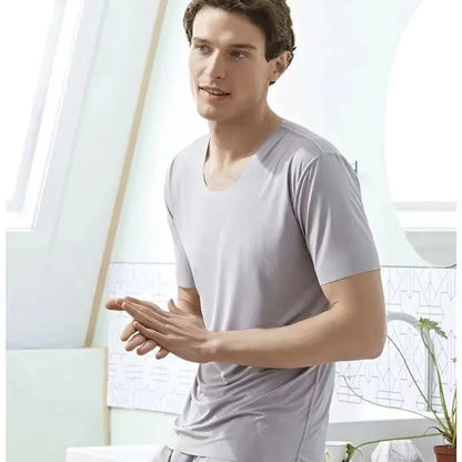 Men's Two-Piece Ice Silk Pajamas Men's Summer Thin Modal Short-Sleeved Pajamas Homewear Men's Large Size Pajamas Homewear Set
