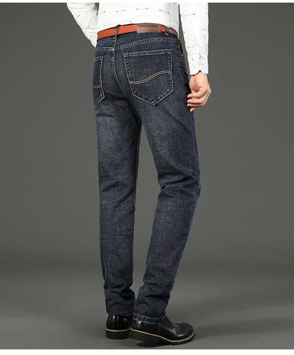 2025 Fashion Four Seasons Classic Blue Black Work Denim Trousers  Men's Jeans Casual Straight Stretch Male Brand Clothing
