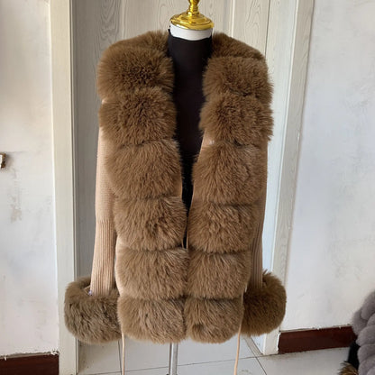 Women Faux Fur Knit Sweater cardigan Spring Autumn elegant Knitted sweater with faux fox fur collar Ladies Fashion Coat fur coat