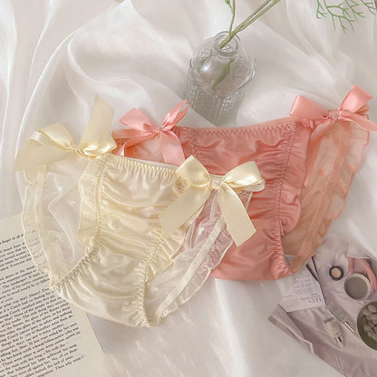 Women Sexy Satin Lace Mesh Transparent Bow Underwear Cute Lovely Sweety Princess Style Soft Panties Ruffles Breathable Breifs