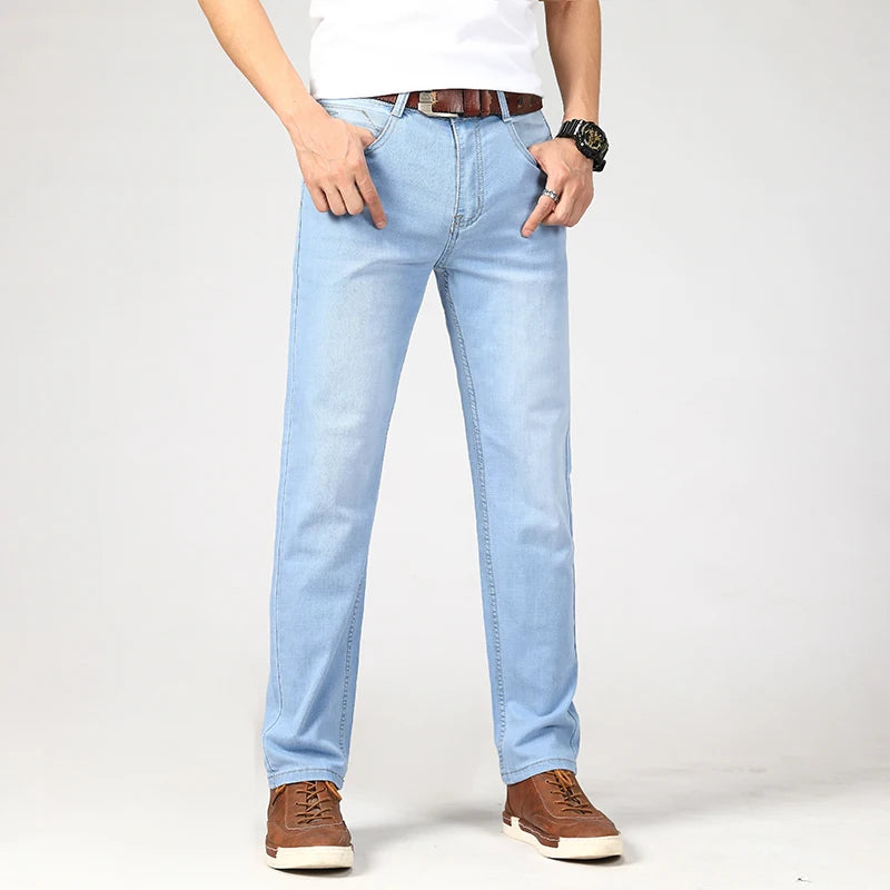 New Summer Business Men's Jeans Casual Straight Stretch Fashion Classic sky Blue  Work Denim Trousers Male Brand Clothing