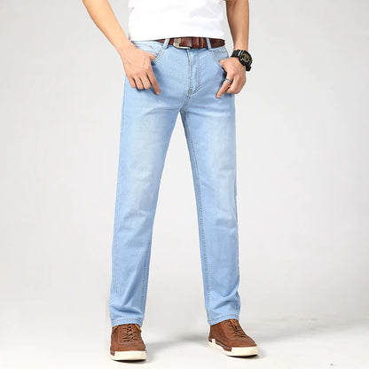 New Summer Business Men's Jeans Casual Straight Stretch Fashion Classic sky Blue  Work Denim Trousers Male Brand Clothing