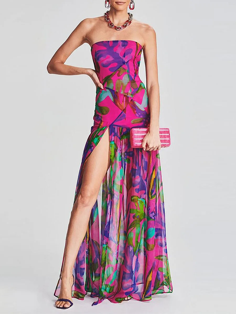 Women’s Tube Top Dress Slim Strapless Backless Mesh Patchwork Tropical Leopard Print High Slit Long Dress for Party Club Night