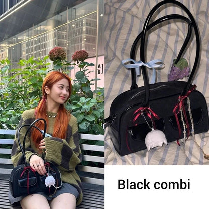 Lux Trendy Street Standoil Korea Designer Bowling Box Handbag for Women Boston Tote Bag PU Leather Bag Female Accessory