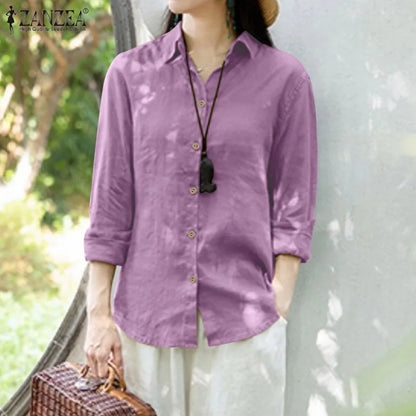 ZANZEA Female Fashion Shirt Lapel Neck Long Sleeve Solid Color Blouse Women Summer Casual Pure Cotton Blusas Work Chemise 2023