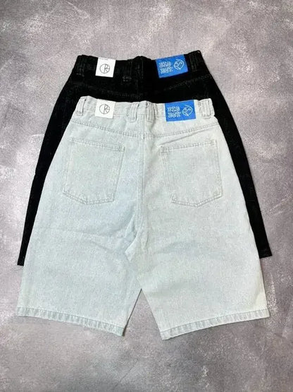 Straight Cotton Loose Embroidered Denim Shorts Men's American Retro Five Pants Summer Loose High Street Skater Pants Y2k Cargo